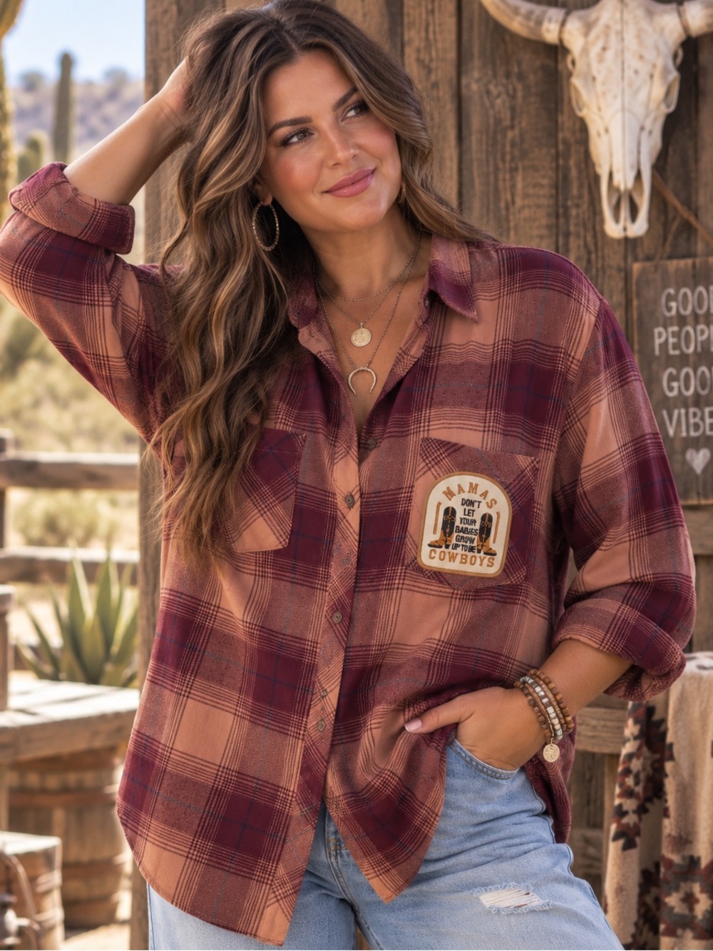Mama Don’t Let Your Babies Grow Up to be Cowboys Plaid Button-Up Shirt